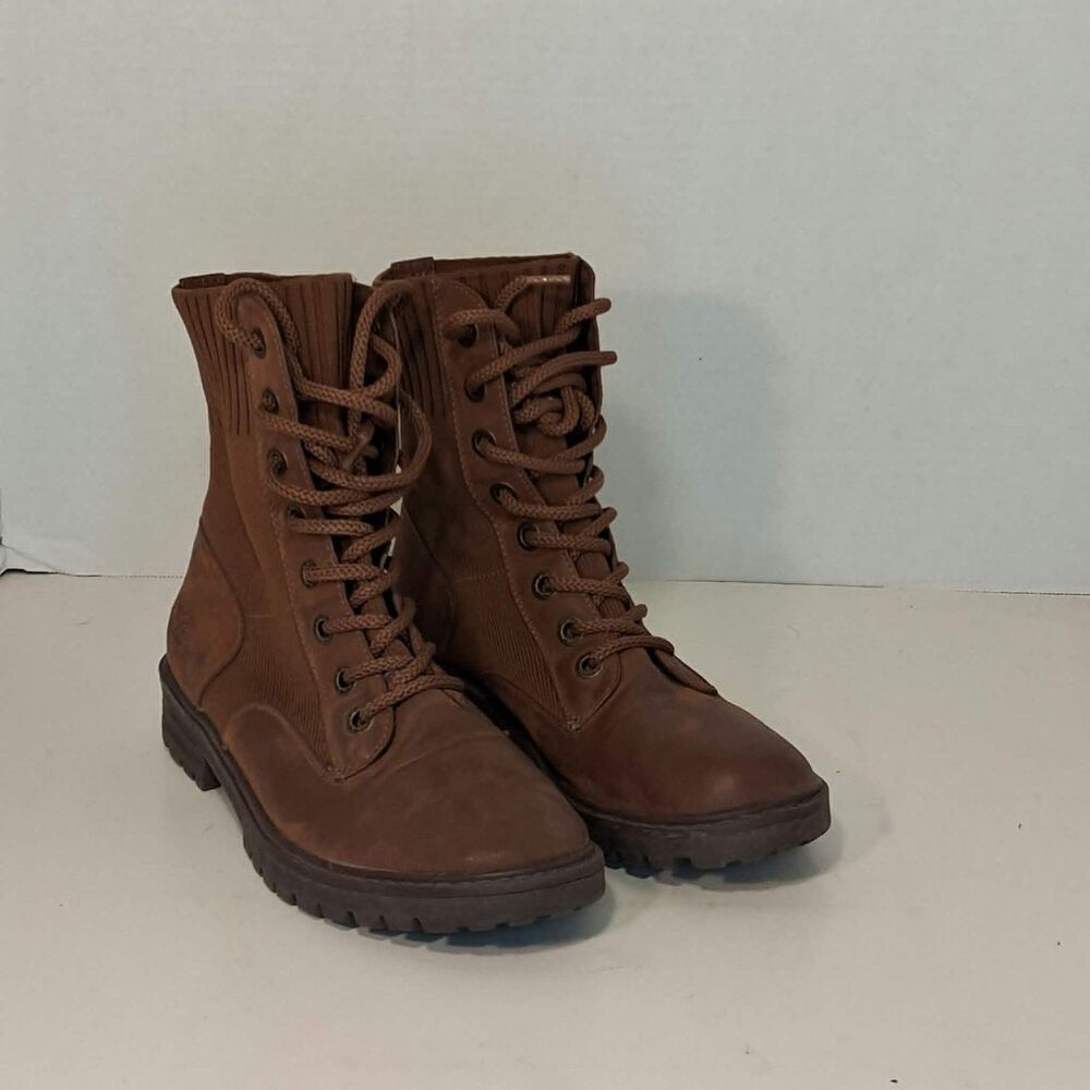 Blowfish Malibu Brown Faux Leather Lace Up Combat Boots US 7 Knit Collar